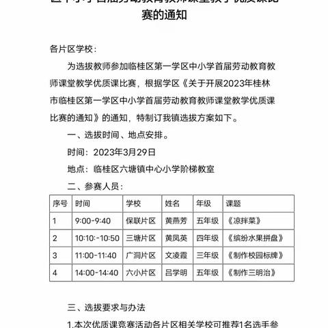 以劳育德  以劳创美——2023年春季学期临桂区六塘镇中心小学劳动教育教师课堂教学优质课评比活动