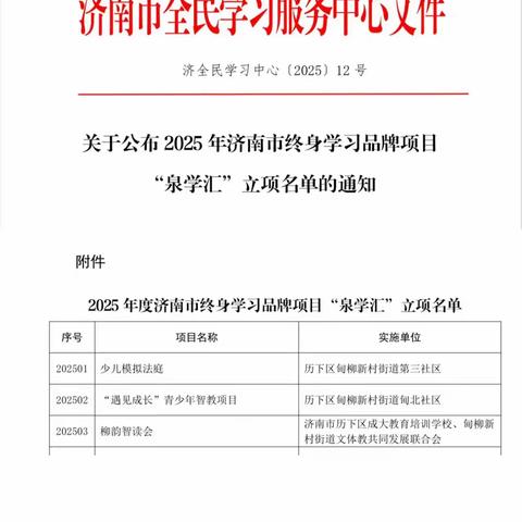 【乐居甸柳】喜报 | 历下区甸柳新村街道三个项目入选 2025 年济南市终身学习品牌项目 “泉学汇” 立项名单