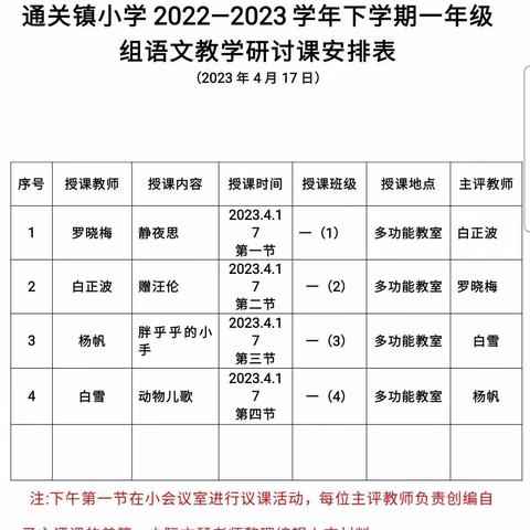 通关镇小学2022—2023学年下学期一年级组语文教学研讨课