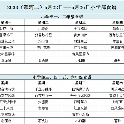 2033(滨河二)小学部(5月22日—5月26日)食谱