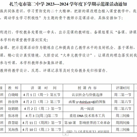 扎根课堂深耕耘，示范引领促成长—扎兰屯市第二中学示范课活动简讯