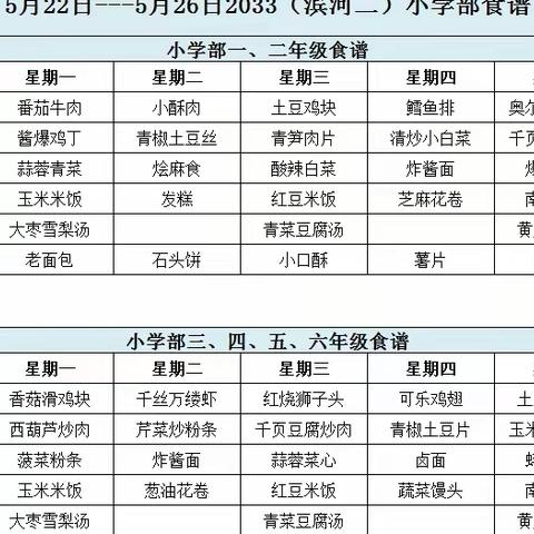 2033（滨河二）小学部5月22日---5月26日食谱