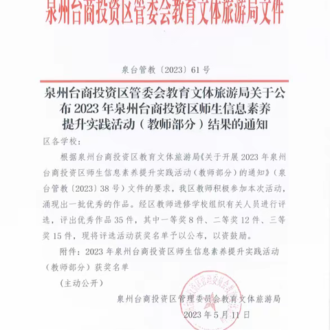 [喜讯]张坂中学在2023年泉州台商投资区师生信息素养提升实践活动（教师部分）中喜获佳绩