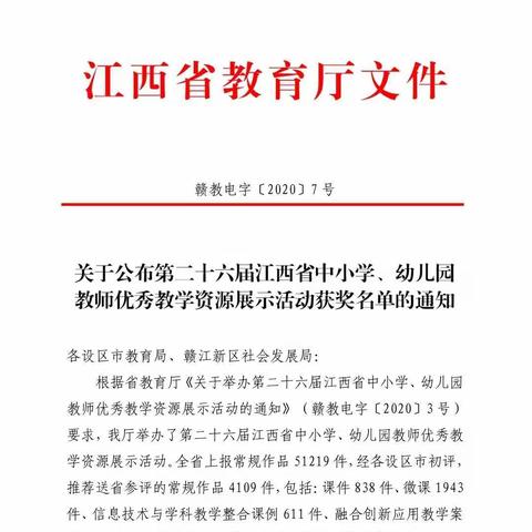 喜讯——枫港中小在江西省中小学教师优秀教学资源展示活动中斩获佳绩