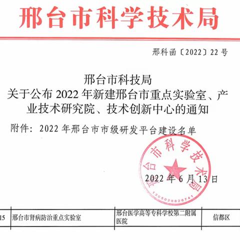 喜讯！邢台医专第二附属医院成功获批邢台市肾病防治重点实验室