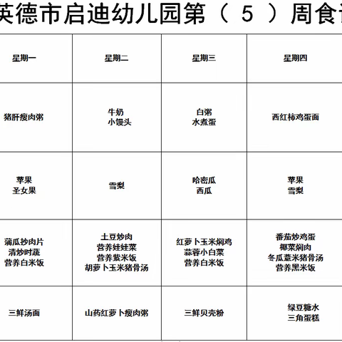 启迪幼儿园第五周营养食谱