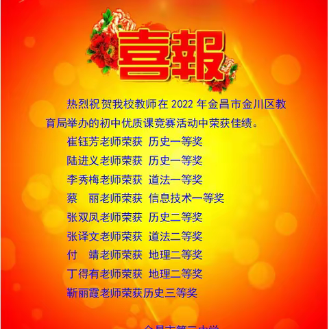 【喜报】热烈祝贺我校教师在2022年金川区教育局举办的初中优质课竞赛活动中荣获佳绩