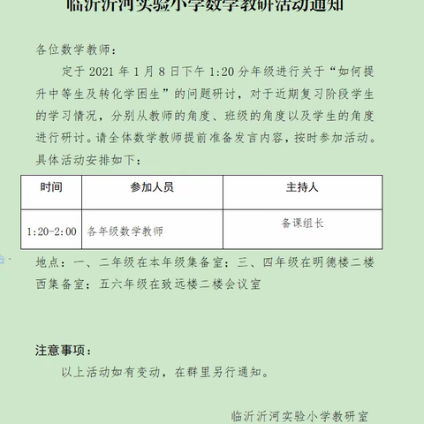 临沂沂河实验小学三年级数学教研组《如何提高中等生、学困生成绩》研讨活动