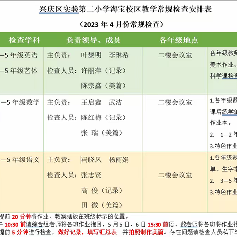 严谨务实重常规 督促检查助提升——实验二小海宝校区四月份语文教学常规检查