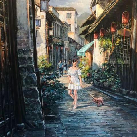 李锦杰油画作品赏析《老街和牵着泰迪狗的少女》