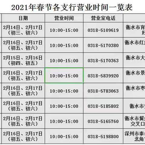 河北银行衡水分行2021年春节假期各网点营业时间公告