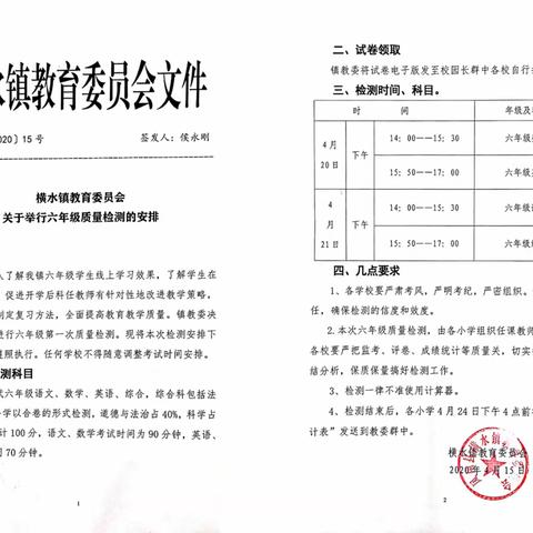 检测知学情，反思促成长——横水镇中心小学举行六年级质量检测