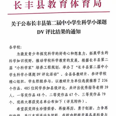 关于公布长丰县第二届中小学生科学小课题DV评比结果的通知