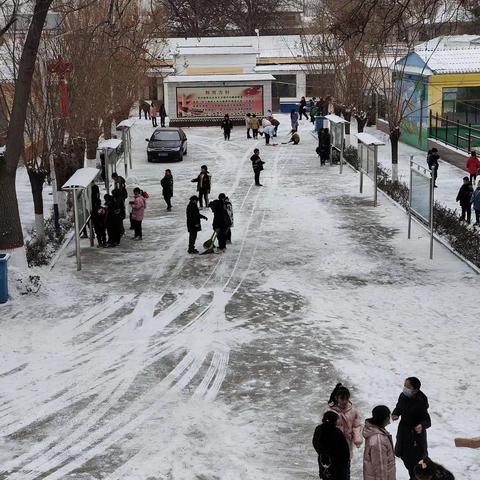 初雪撒校园，扫雪护平安。