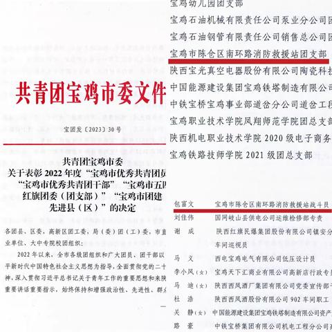 喜报！陈仓消防救援大队南环路消防救援站团支部荣获全市“五四红旗团支部”，消防员包富文荣获“优秀共青团员”。