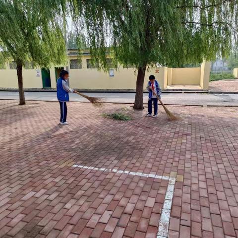 风雨过后学生打扫落叶