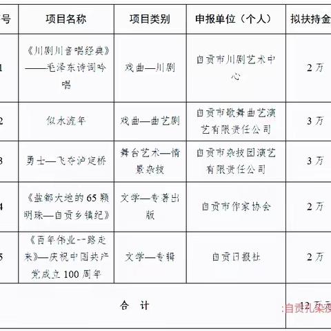 自贡市优秀文艺作品扶持公示