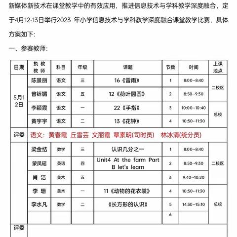 技术赋能新课堂，融合创新求发展——2023年春学期五里学区小学信息技术与学科教学深度融合课堂比赛活动