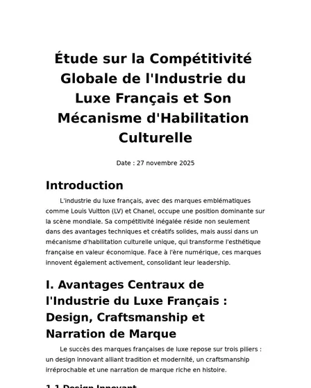 Étude sur la Compétitivité Globale de l'Industrie du Luxe Français et Son Mécanisme d'Habilitation Culturelle