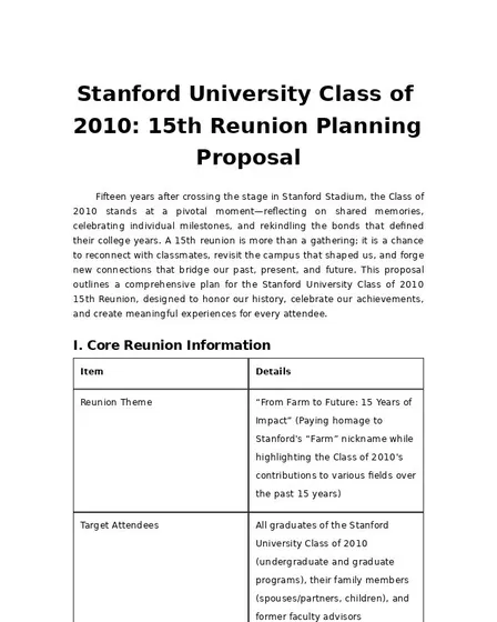 Stanford University Class of 2010: 15th Reunion Planning Proposal