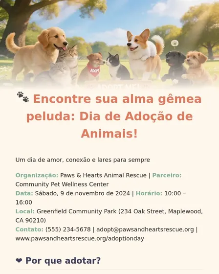 (11 palavras, combina o tema central, ação chave e local do evento, alinhado ao público-alvo interessado em adoção)