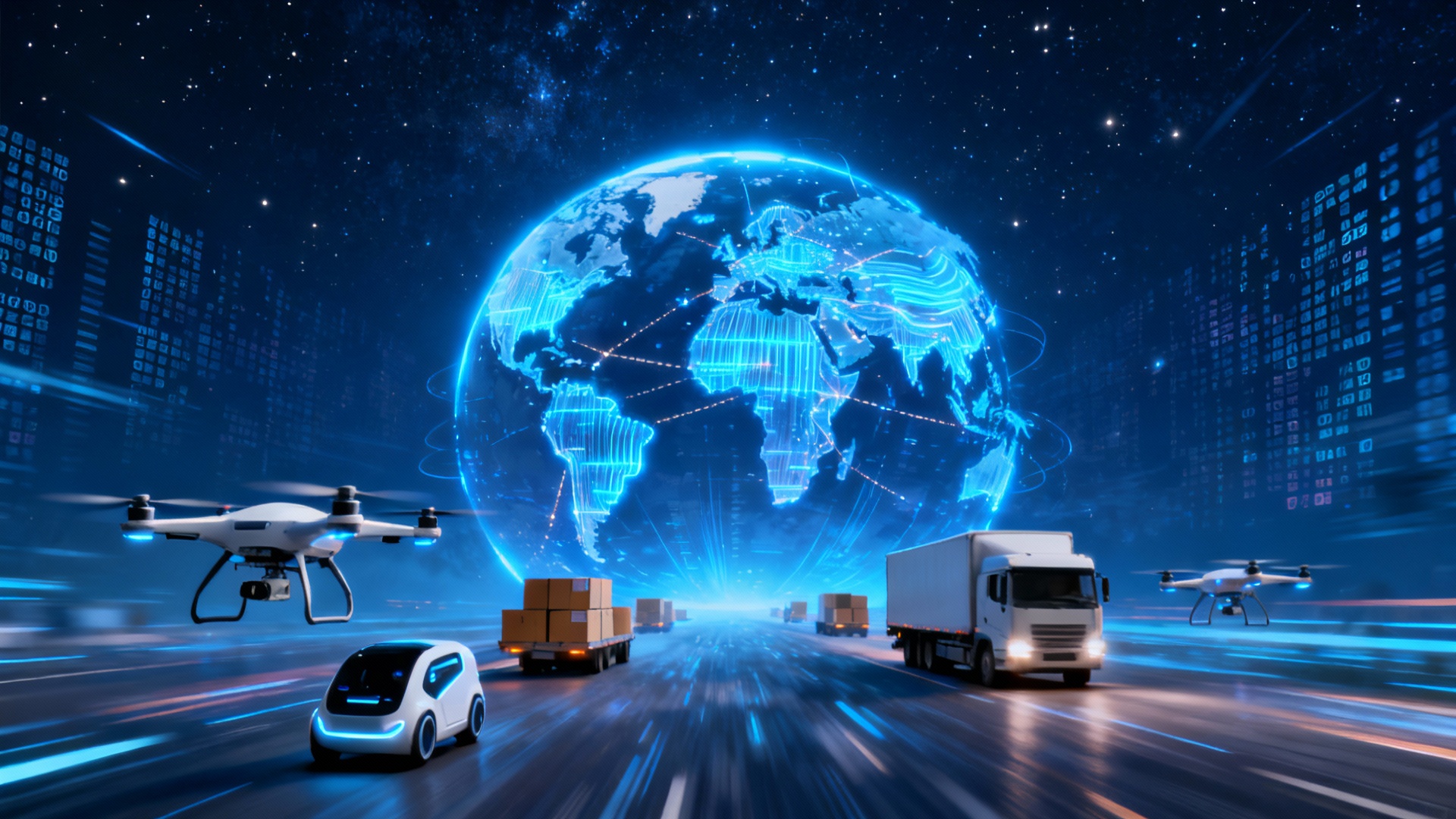 一张高清微信公众号封面图（尺寸900x383），用于一篇关于‘跨境物流科技’的文章。画面中心是一个散发着蓝色光芒的地球，地球上有由光线组成的数据流和航线，连接着各大洲。前景是一架充满未来感的无人机和一辆自动驾驶卡车正在运送包裹。背景是深蓝色调的星空和数字矩阵，整体风格富有科技感、未来感和动感。