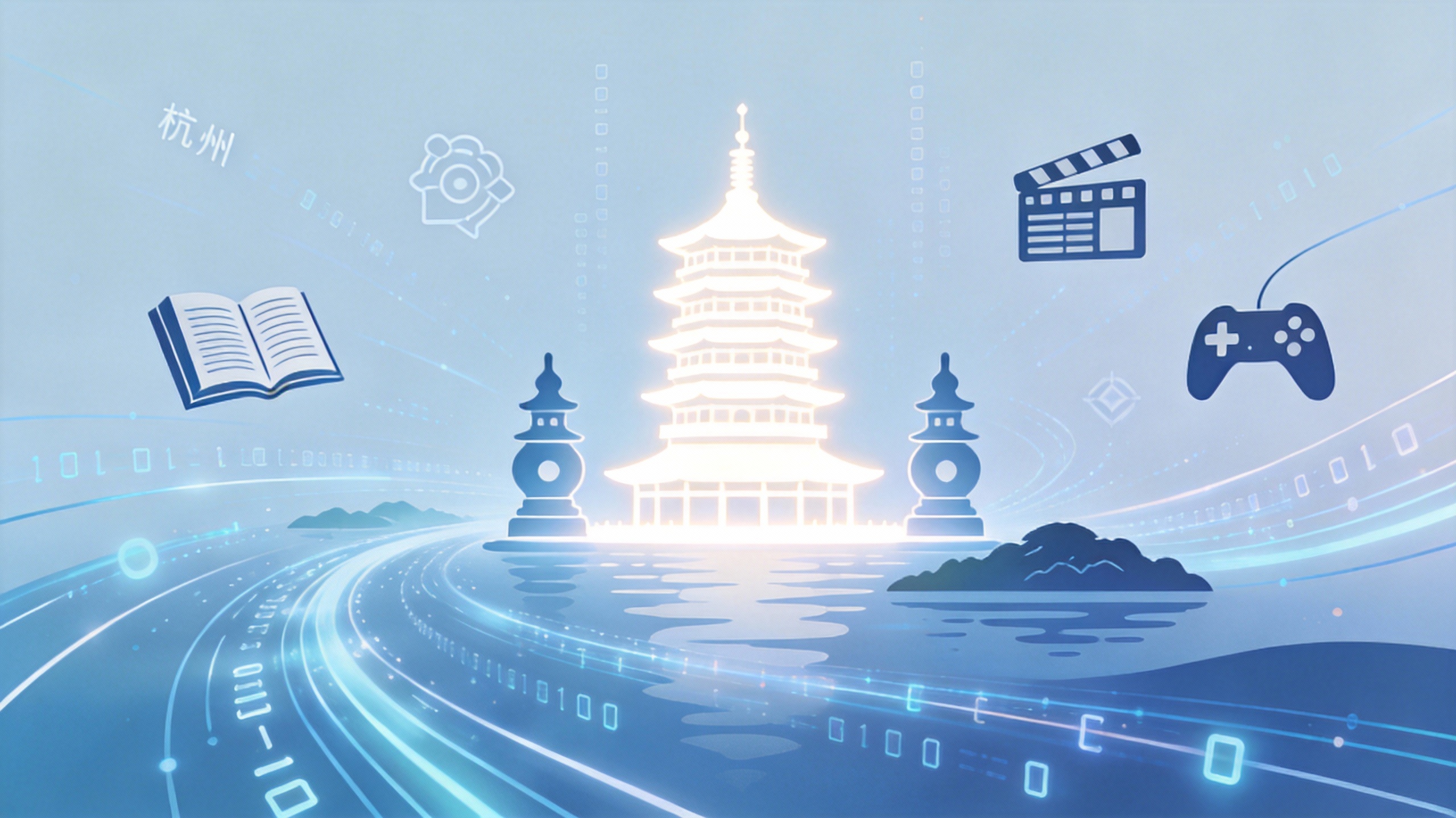 一张具有现代科技感的插画，描绘杭州的文化与数字产业融合。画面中心是发光的杭州地标剪影（如雷峰塔或三潭印月），周围环绕着流动的数字代码、光纤线条和代表网文（书本图标）、网剧（胶片图标）、网游（手柄图标）的抽象符号。整体色调为蓝白色系，风格扁平化、简洁明亮，体现全球化和未来感。