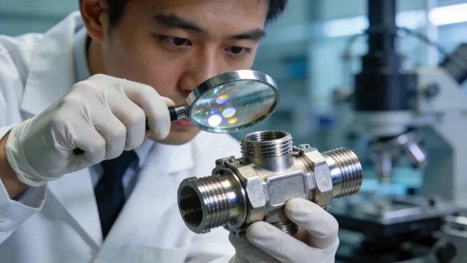 一位身穿白色实验服、戴着手套的亚洲工程师，正在用放大镜仔细检查一个复杂的金属卡套接头部件，背景是虚化的精密仪器，特写镜头，突出专注和精确。