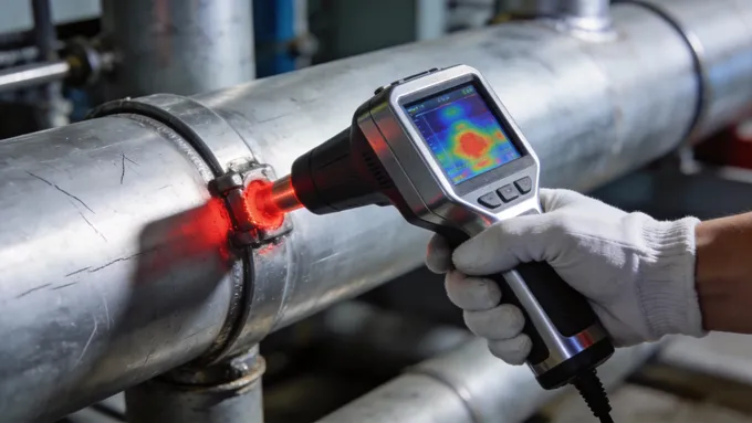 一张展示超声波泄露检测仪工作场景的图片。手持式设备对准一段工业管道，屏幕上显示出彩色的声学成像热点，指示出泄漏位置。整体画面充满科技感，写实摄影风格。