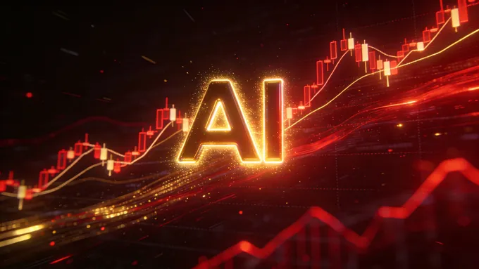 一张充满科技感和未来感的商务场景图，主色调为深色背景搭配红色和金色的发光数据流、增长曲线图表，中央突出一个抽象的“AI”或“GEO”发光logo，营造财富和商机的视觉冲击力。