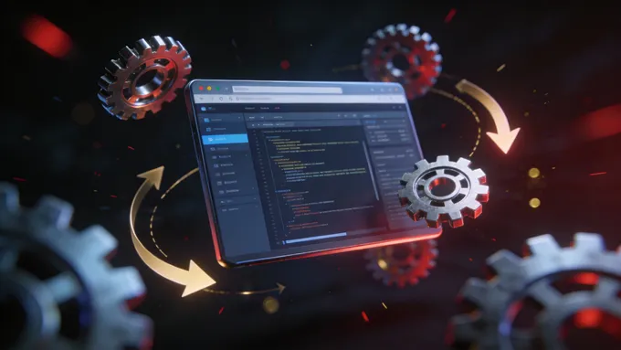 一张3D插画，展示一个简洁的软件界面悬浮在空中，周围有多个齿轮和箭头自动运转，象征着系统的自动化处理能力。背景为深色，点缀红色和金色的光效。