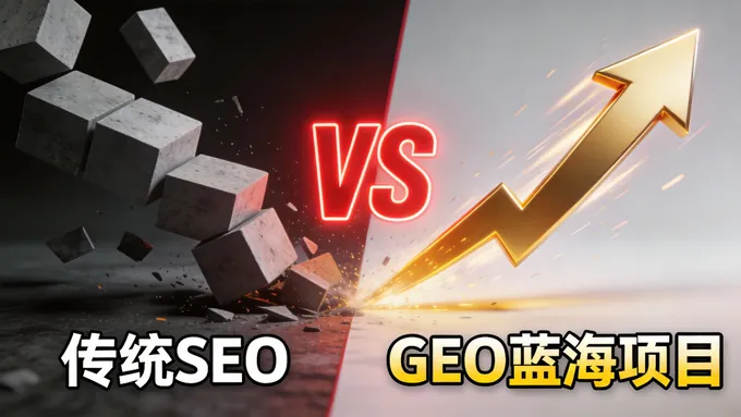 一张具有强烈视觉对比的3D插画。左边是灰色、暗淡的、正在倒塌的积木，代表传统SEO。右边是一个明亮的、向上飞速增长的金色箭头，代表GEO蓝海项目，中间用红色发光VS符号隔开。