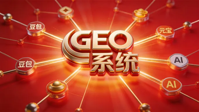 一张概念插画，展示一个中心logo（代表GEO系统）向四周发散出光线，连接到多个代表不同AI平台（如豆包、元宝等）的小图标上，形成一张网络，寓意全平台覆盖和霸屏。风格为3D科技感，红色金色调。