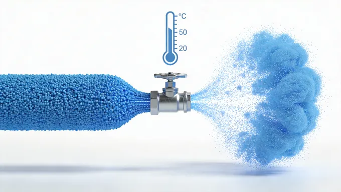 一张3D渲染示意图,展示高压气体(用蓝色粒子表示)通过一个阀门后体积急剧膨胀、粒子变得稀疏的过程,背景有温度计图标显示温度下降。整体风格简洁、科技感,白色背景。