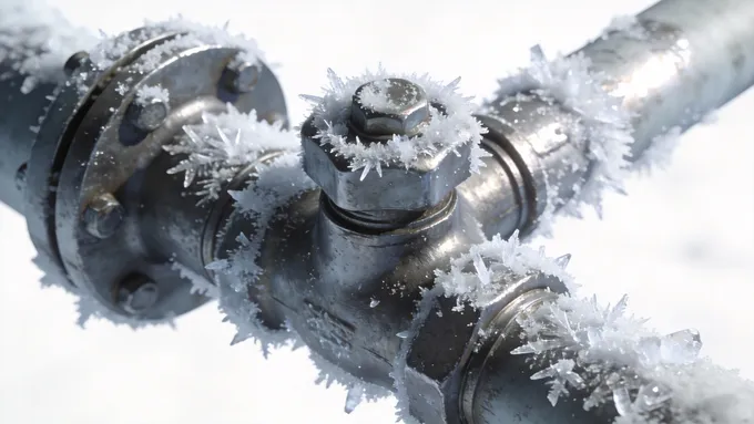 一张3D渲染图,特写一个金属质感的工业阀门和管道连接处,表面覆盖着一层白色的冰霜和冰晶,视觉上突出“冰冷”和“堵塞”的感觉。风格写实,细节清晰,白色背景。