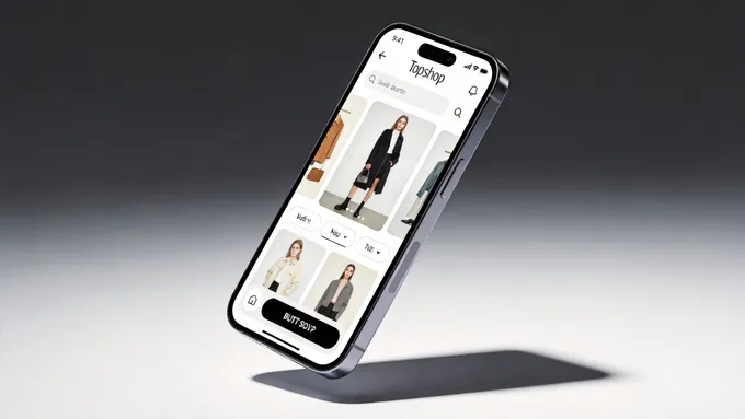 一张展示线上购物体验的插图，现代3D渲染风格。画面主体是一个悬浮在空中的智能手机，屏幕上显示着一个设计精美的时尚电商App界面，界面上有服装图片和购买按钮。背景纯净，光影效果突出科技感。手机模型带有Topshop的logo。