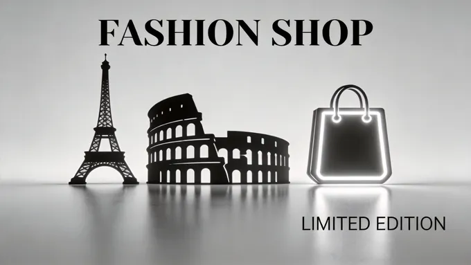 一张时尚的电商主题横幅，3D渲染风格。画面融合了欧洲地标建筑的极简剪影（如埃菲尔铁塔、罗马斗兽场）和一个发光的购物袋图标。整体色调为黑白灰，构图简洁，具有高级感，16:9横版。