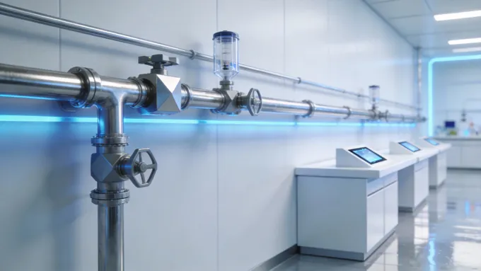 A sleek, modern laboratory scene with clean, stainless steel gas pipelines running along a white wall. Soft, futuristic blue lighting. Photorealistic 3D render, minimalist, high-tech aesthetic.