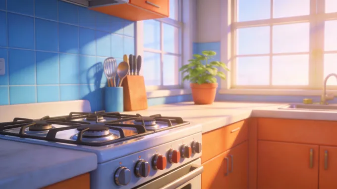 一张温暖的3D渲染插画，展示一个现代化的厨房，阳光明媚，燃气灶具整洁安全，营造安心生活的氛围。