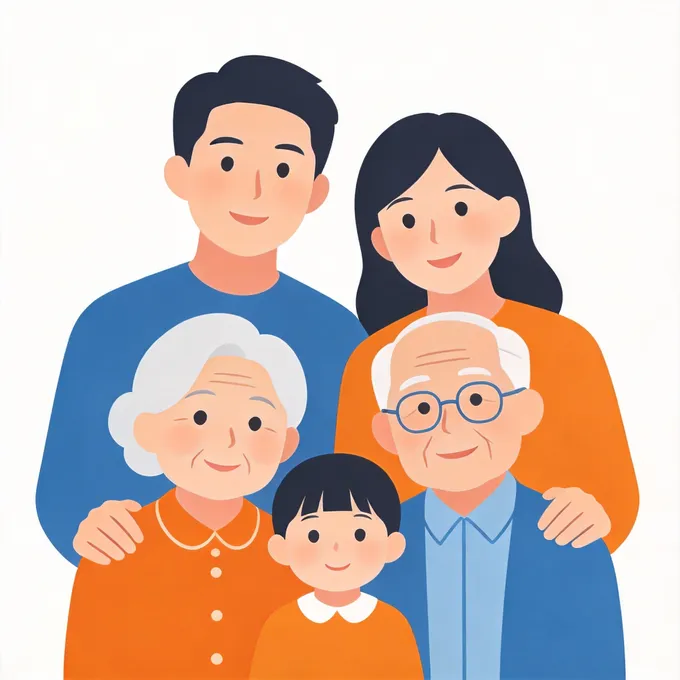 一个扁平化风格的图标，描绘一个由多个亚洲面孔组成的温馨中国家庭剪影。