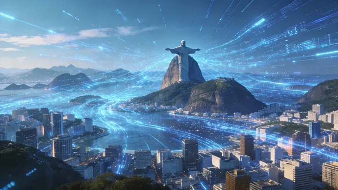 一张展示巴西地标（如基督山）与现代化城市天际线、空中交织着代表电商物流的蓝色数据流光线的全景图，富有科技感和未来感，专业商业摄影风格。