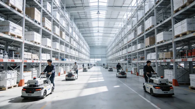 一个巨大的、现代化的电商物流仓储中心内部，视角广阔，可以看到整齐排列的高大货架、来回穿梭的自动化机器人（AGV）和少量正在工作的亚洲面孔员工，光线明亮，充满科技感。