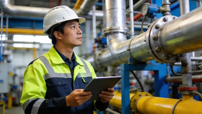 A professional Asian male engineer in industrial workwear and safety helmet, inspecting a complex pipeline system with a tablet in hand, modern factory background, depth of field, bright and safe atmosphere.