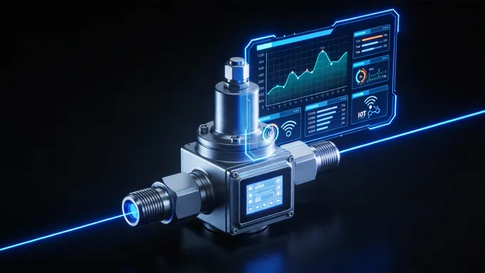 Concept art of a smart pressure regulator with digital interface, holographic data display overlay, glowing blue lines, internet of things concept, futuristic industrial technology, dark background.