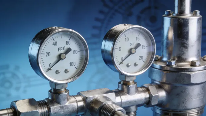 Close-up, hyper-realistic 3D render of an industrial gas pressure regulator made of stainless steel, metallic texture, gauges showing pressure, soft studio lighting, industrial blue background, high detail, 4k.