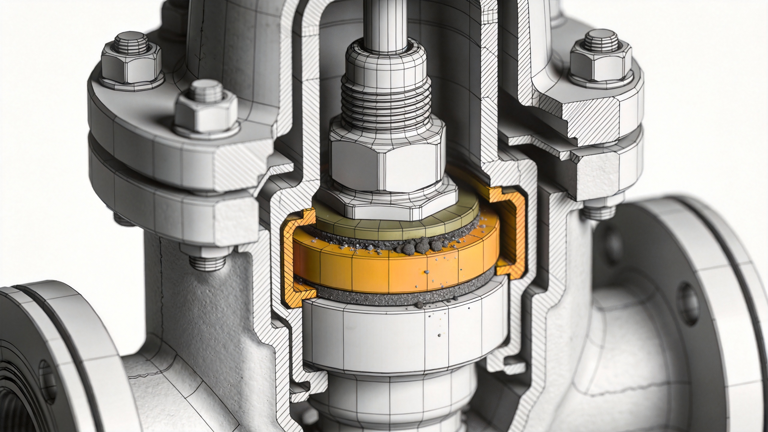 3D cross-section diagram of a pressure regulator valve, with a clear focus on the sealing surfaces between the valve plug and seat. The style is clean and technical, with potential impurities highlighted in a contrasting color. No text labels.