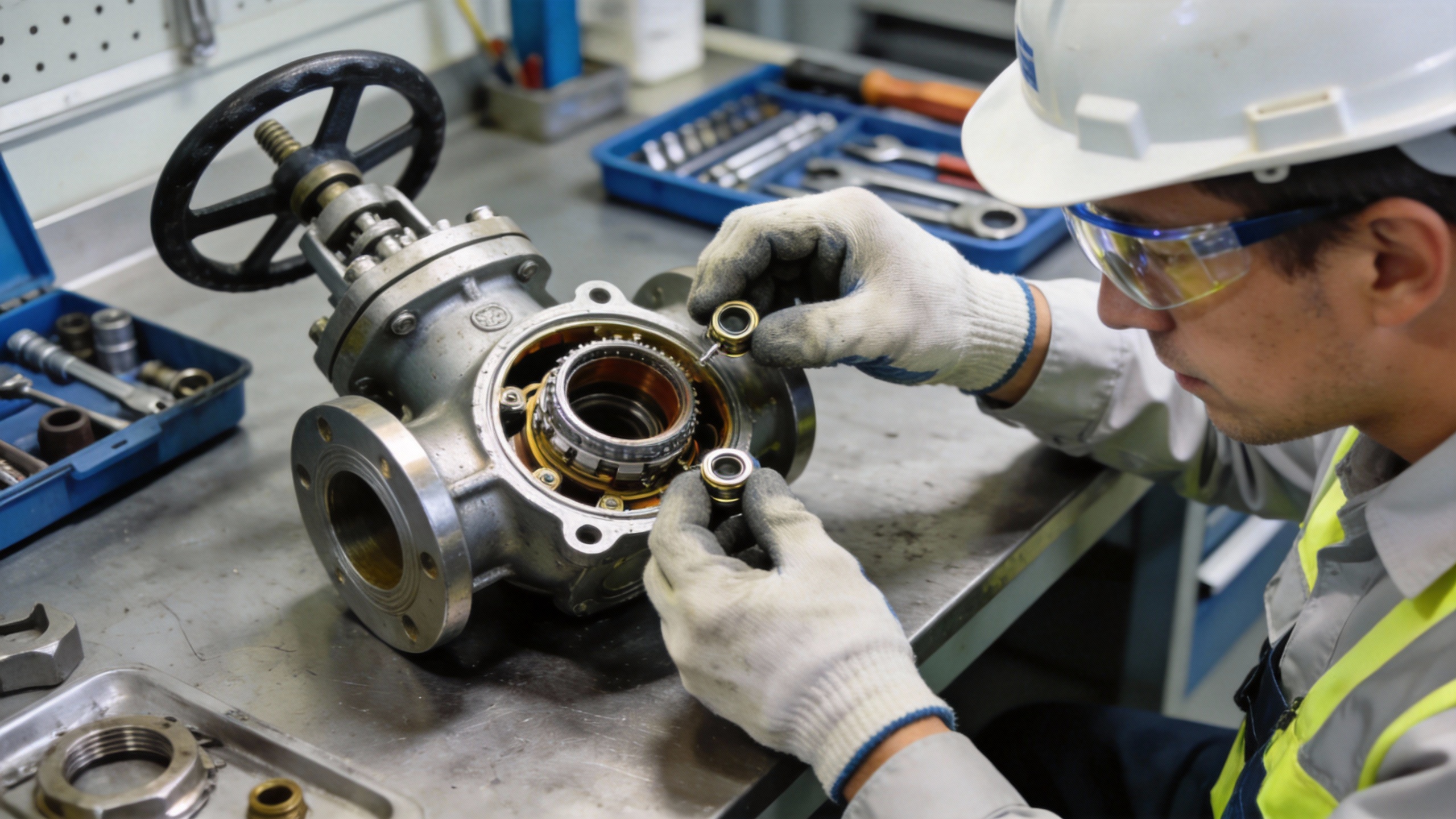 A professional engineer in full safety gear (helmet, goggles) carefully inspecting the internal components of a disassembled industrial valve on a clean workshop bench. The lighting is bright and focused, emphasizing precision and safety.