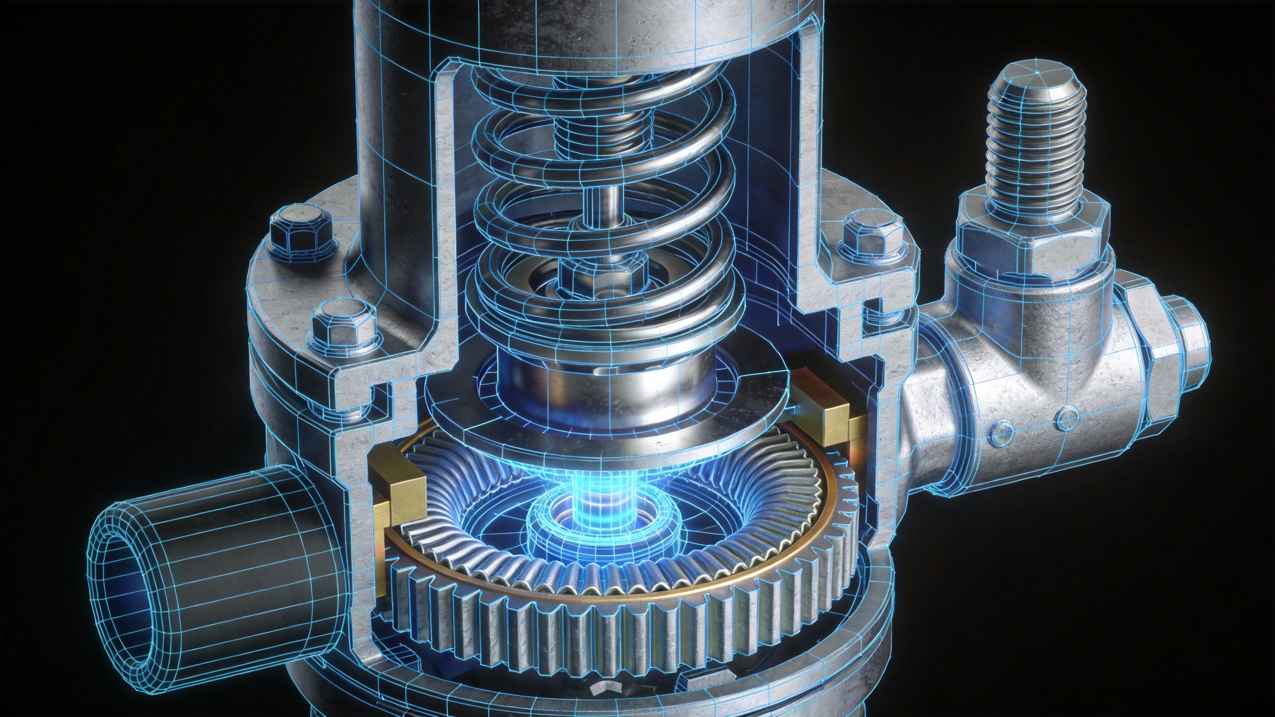 A high-detail 3D render of an industrial pressure regulator, showcasing its complex internal mechanics with a focus on the valve seat and diaphragm. The style is a clean, technical blueprint on a dark background, highlighted with glowing blue lines.