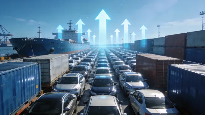 一张充满科技感的概念图，画面中是繁忙的集装箱港口，大量的汽车正在装船，背景中有上升的箭头符号，象征出口量的激增，整体色调为科技蓝。