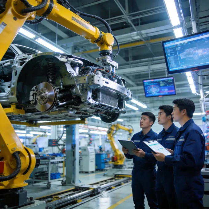 一个极具未来感的汽车制造工厂内部，明亮的灯光，黄色的机械臂正在组装汽车底盘，画面中有身穿工作服的亚洲面孔工程师正在检查数据，展现高端制造和技术实力。